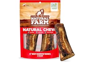 Natural Farm Dog Bones for Large Dogs (5-6 Inch, 2-Pack), 100% Beef Bone Marrow Dog Treats, High in Minerals & Vitamins, Grain-Free, Long-Lasting Bones Chews, Supports Dental Health