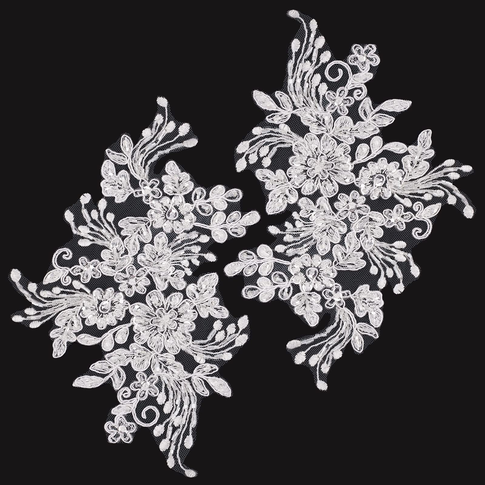 GORGECRAFT 2Pcs Pearl Flower Embroidery Lace Patches 3D Floral White Floral Embroidered Sew on Appliques Lace Fabric Trimmings for Headpiece Clothing Bridal Accessories Supply Craft Diy