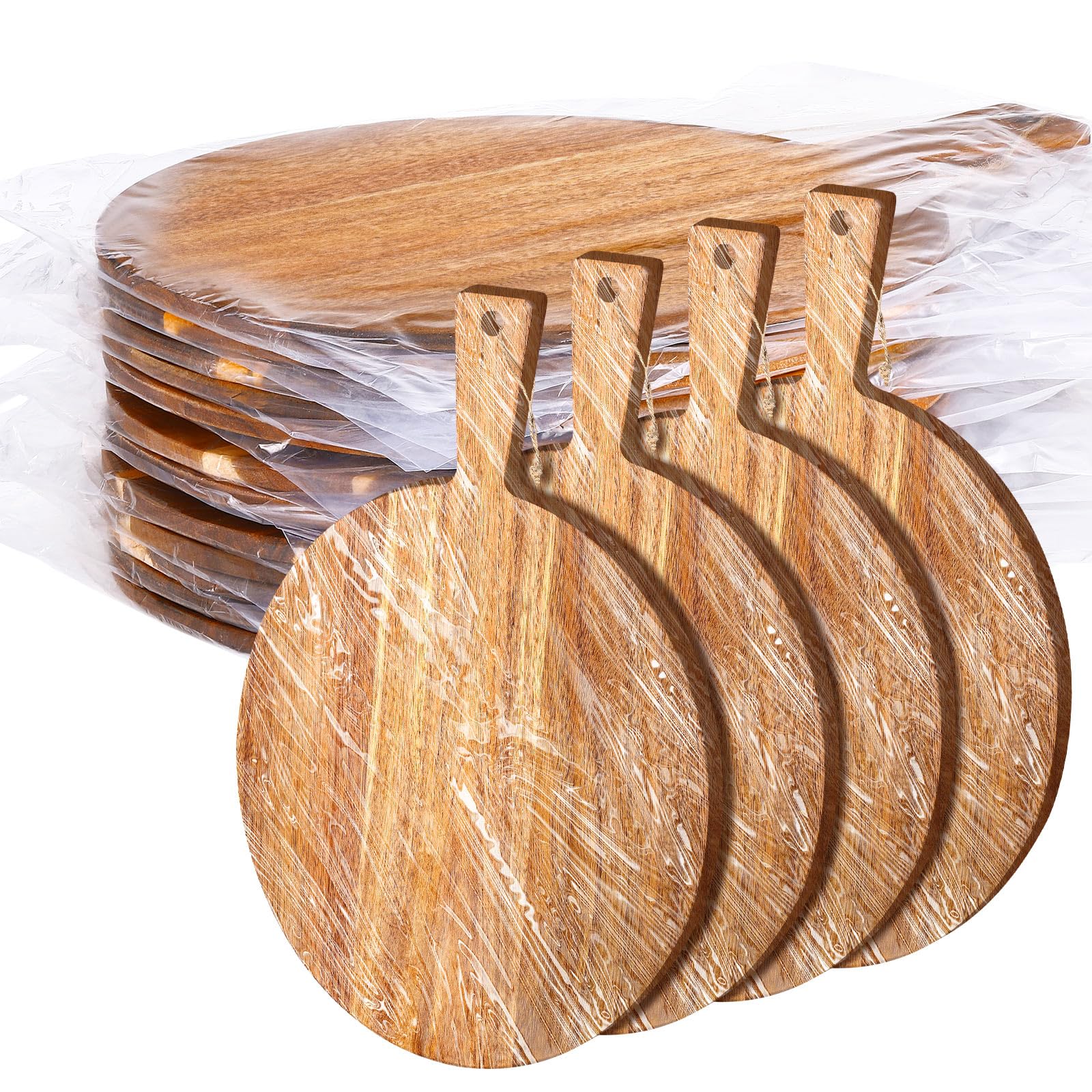 Photo 1 of Patelai 12 Piece Round Wood Cutting Board Pizza Peel with Handle Laser Engraving Serving Board Charcuterie Cheese Bread Cutting Board Bulk for DIY Wedding Housewarming Gift(13 Inch, Acacia Wood)