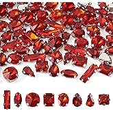 FASHEWELRY 80Pcs Red Sew on Rhinestones Green Faceted Glass Rhinestones Mixed Shapes Sew on Crystal Gems with Metal Claw for Jewelry Crafts Clothes Shoes Costume Garment