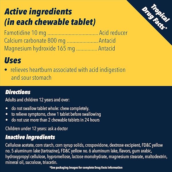 PEPCID COMPLETE ACID REDUCER + ANTACID FOR ACID REFLUX, 10MG FAMOTIDINE, 800MG CALCIUM CARBONATE & 165MG MAGNESIUM HYDROXIDE PER HEARTBURN TABLET, ANTACID CHEWS, TROPICAL FRUIT, 50 CT