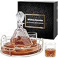 Whiskey Decanter Set with Rotating Wooden Tray, Whiskey Glasses Set of 4 and Decanter with Stopper, Whiskey Gift for Him Men Father Day Brother, Gift Packaging