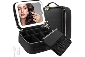 MOMIRA Travel Makeup Bag Cosmetic Bag Makeup Organizer Bag with Large Lighted Mirror 3 Color Scenarios Adjustable Brightness, Waterproof Makeup Travel Case, Large Makeup Train Case Toiletry Gift