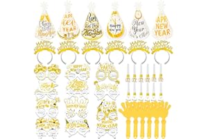 HOWAF New Years Eve Party Supplies 2026 White Gold 2026 Glasses New Years Hats Happy New Year Headband Tiara Blowouts Hand Clappers NYE Party Favors Accessories Kit for Happy New Year Decorations