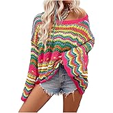 Floerns Women's Colorful Sweater Crochet Open Knit Long Sleeve Drop Shoulder Oversized Sweater