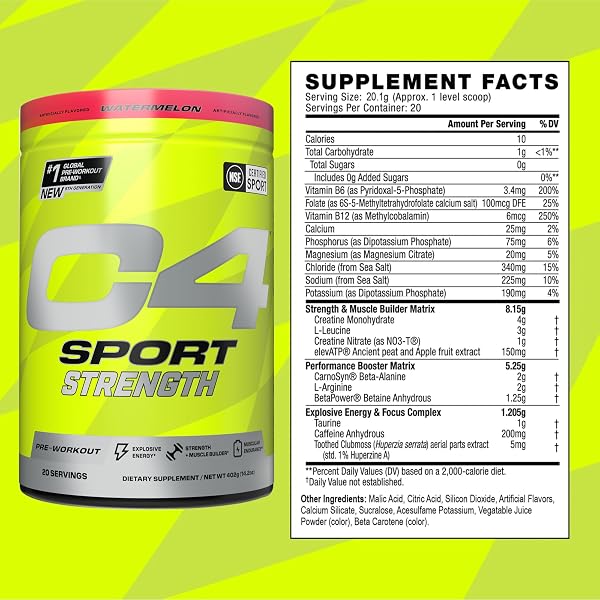 CELLUCOR C4 SPORT STRENGTH PRE WORKOUT POWDER – NSF CERTIFIED FOR SPORT – BETA-ALANINE, CREATINE, 200MG CAFFEINE – SUGAR FREE ENERGY SUPPLEMENT FOR MEN & WOMEN – HAWAIIAN PUNCH BERRY BLUE, 20 SERVINGS