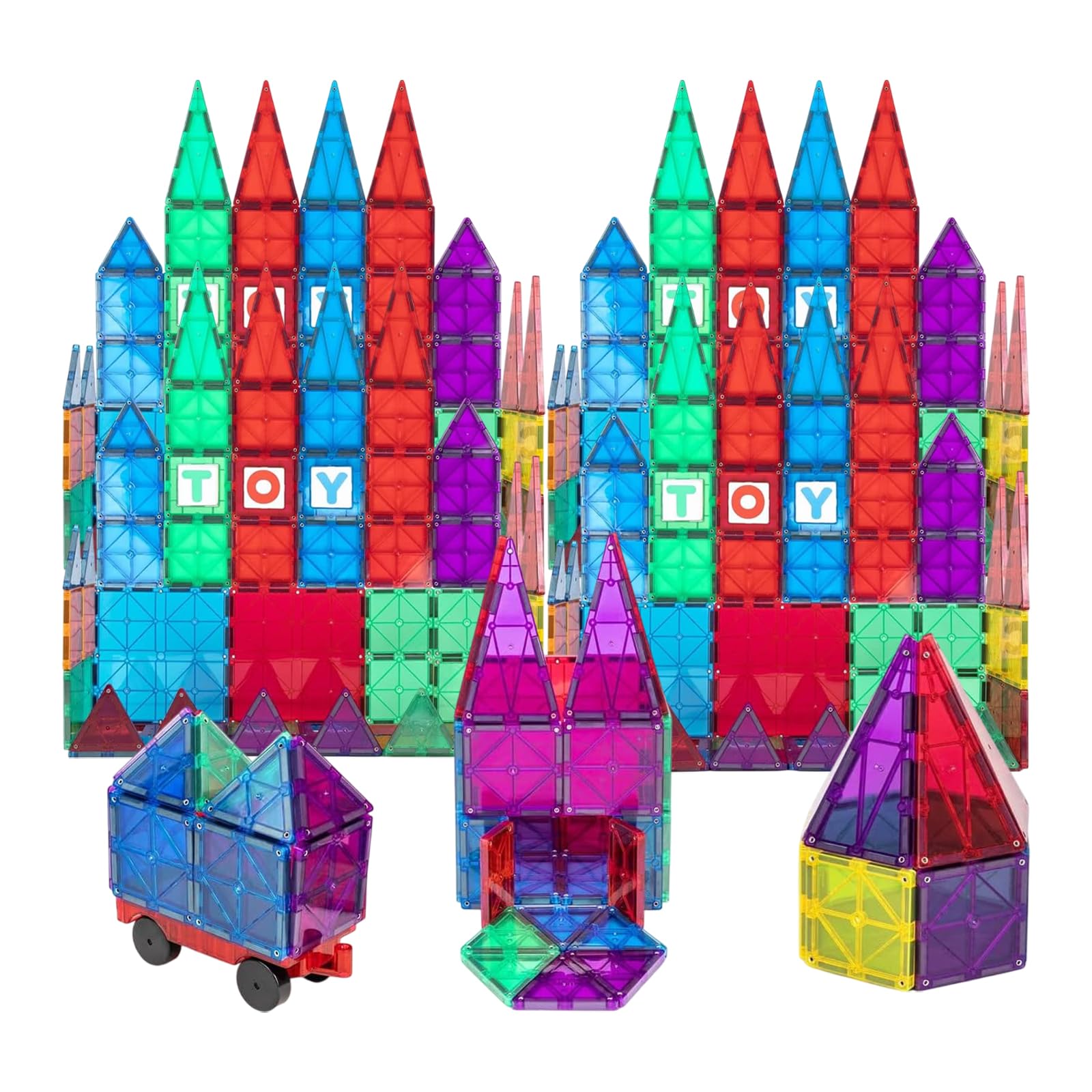 Playmags Magnet Building Tiles Set for Kids - 56 Pcs Stronger 3D Magnetic Block Set with Car - Colorful STEM Magnetic Tiles Toys Develop Motor Skills & Creativity - 6 Additional Clickins Included