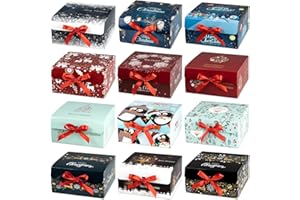 ARTLYMERS Christmas Gift Boxes with Lids, 12 Pack Gift Box and Red Ribbon Christmas Themed Pattern Small Gift Boxes for Xmas Presents Gifts Easy Assemble