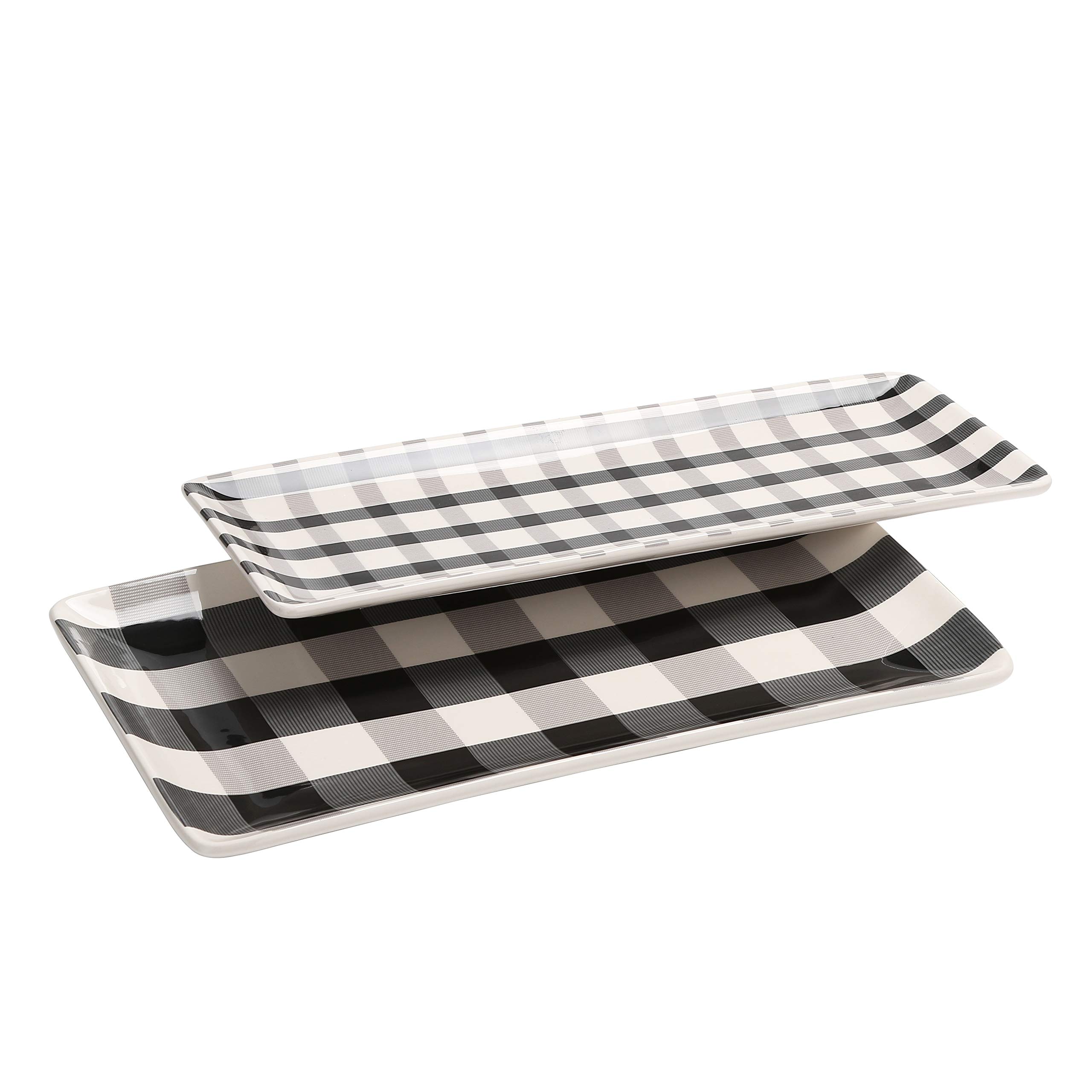 Bico Plaid Check Black and White Ceramic 35 cm Rectangular Serving Platter, Set of 2, for Serving Salad, Pasta, Cheese, Ham, Appetizer, Microwave & Dishwasher Safe