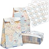 BLUE PANDA World Map Goodie Bags - 36 Pack, 8.7 x 5.15 x 5.15 In - Map Paper Bags with Thank You Stickers & Reinforced Bottom