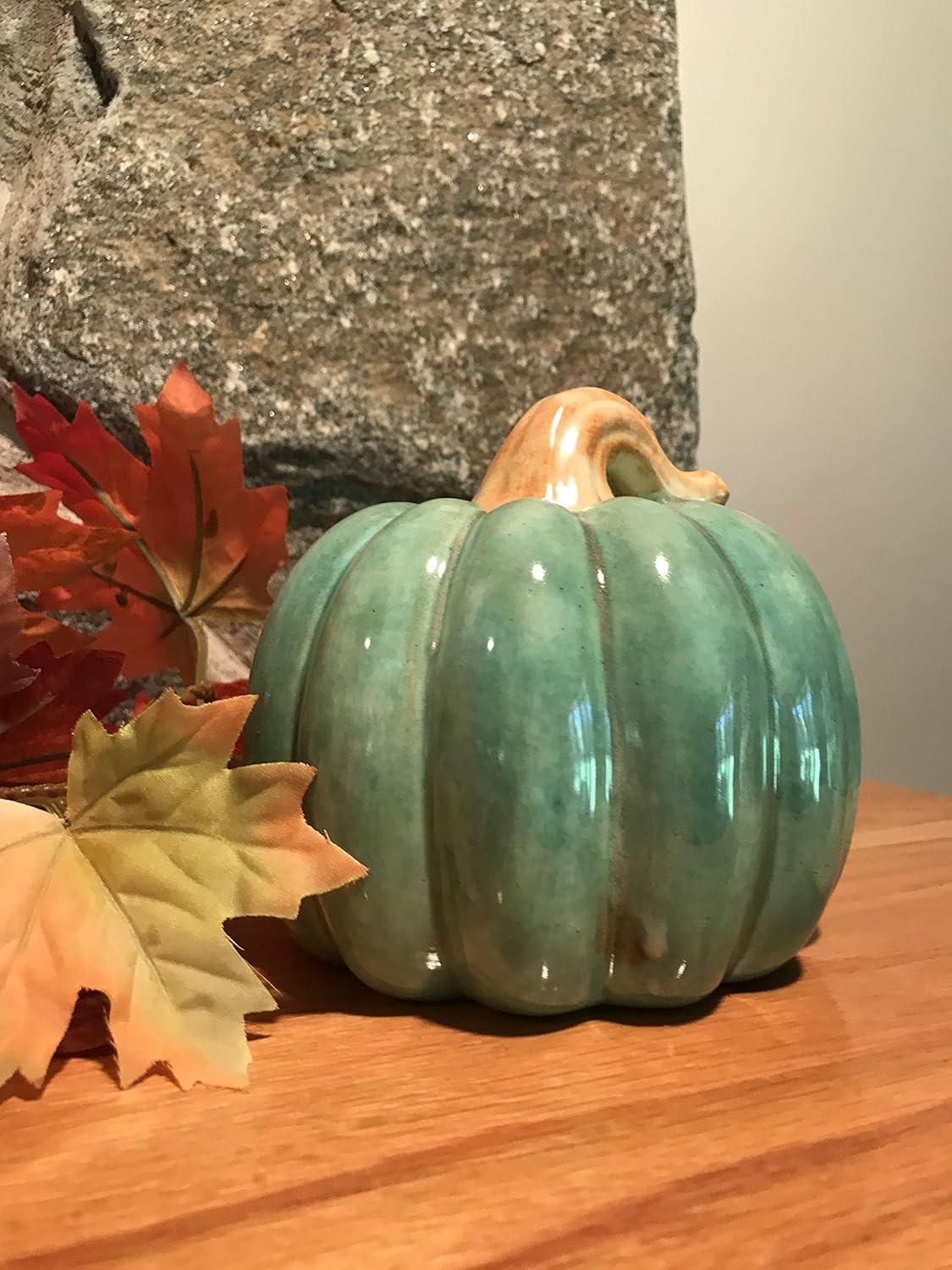 Teal Glazed, Hand Painted Ceramic Pumpkin Handmade