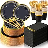 Didaey 700 Pcs Disposable Dinnerware Set for 100 Guests Include 200 Paper Plates, 300 Plastic Silverware, 100 Paper Cups, 100 Napkins for Wedding Birthday Party Supplies(Black with Gold Rim)