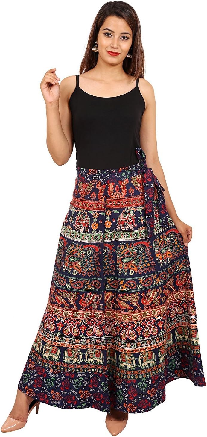 Indian Handicrfats Export Jaipuri Fashionista Designer Cotton Women's Long Wrap Around Skirt Jaipuri Printed (Free Size) Blue