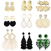 Finrezio 9 Pairs Clip on Drop Earrings for Women Statement Rattan Resin Acrylic Drop Dangle Earrings Lightweight Geometric Rattan Tassel Hoop Drop Dangle Earring Jewelry
