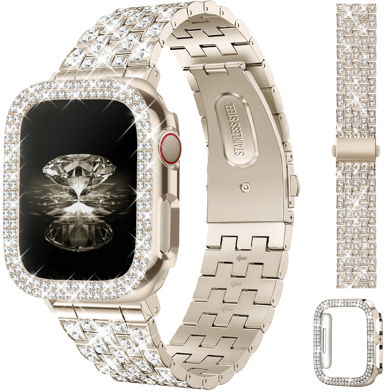 JR.DM Diamond Bands with Bling Case Women Compatible with Apple Watch 38mm Dressy Luxury Rhinestone Jewelry Metal Bracelet Wristband with Protector Cover for iWatch Series 3/2/1 Champagne