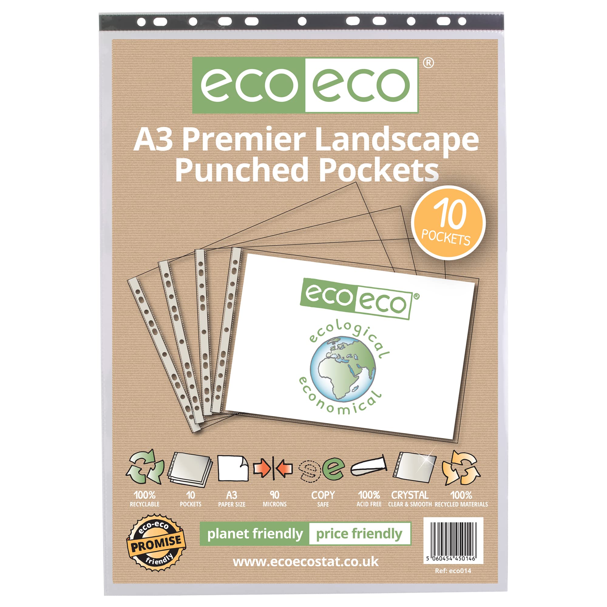 eco-eco A3 Landscape 100% Recycled Premier Multi Punched Pockets Glass Clear, Transparent Poly Wallet Sheet Protector, 90 Microns (Pack of 10)