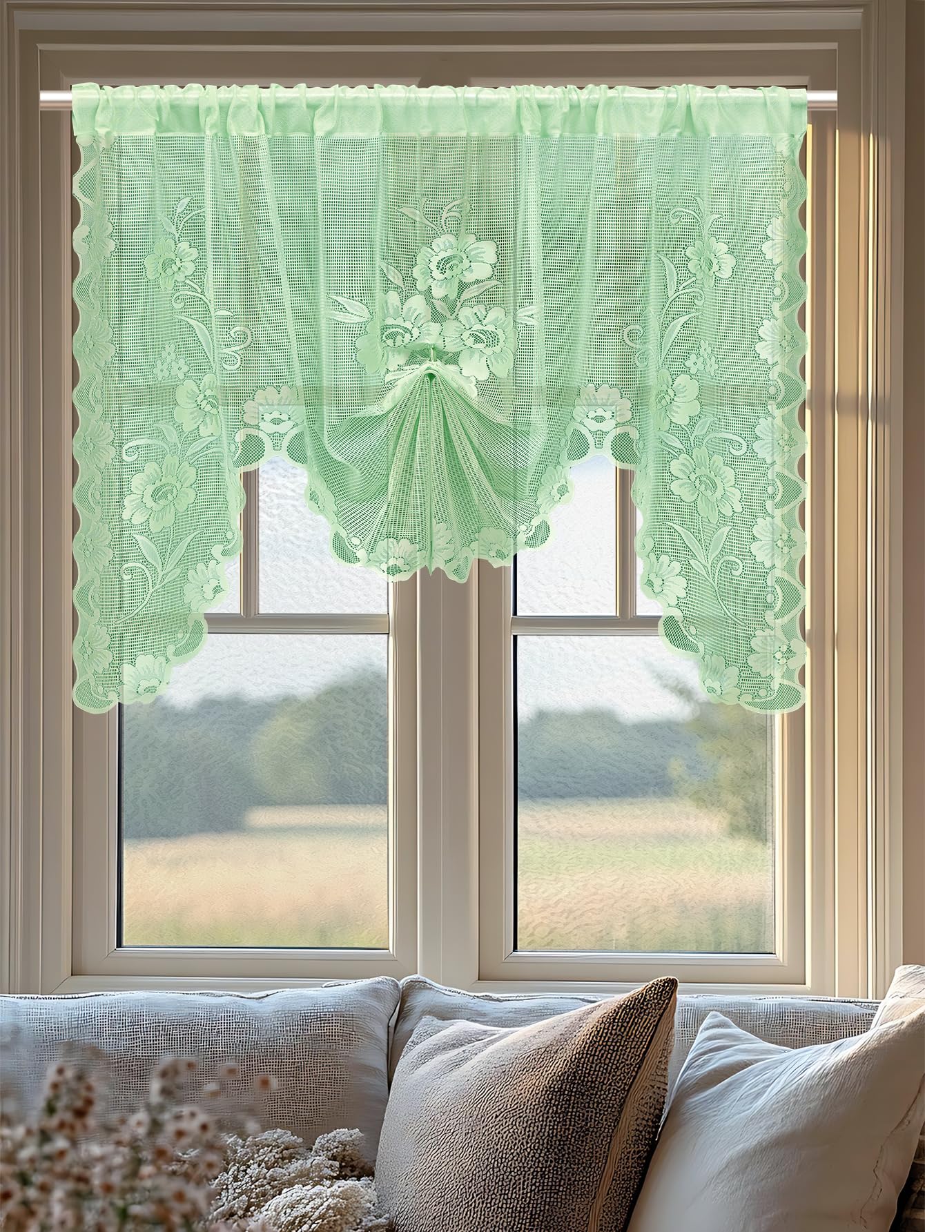 Jayla Green Semi-Sheer Floral Lace Curtain Swag for Kitchen Half Window Bathroom Decoration Rod Pocket,71 x 39 Inch, 1 Panel