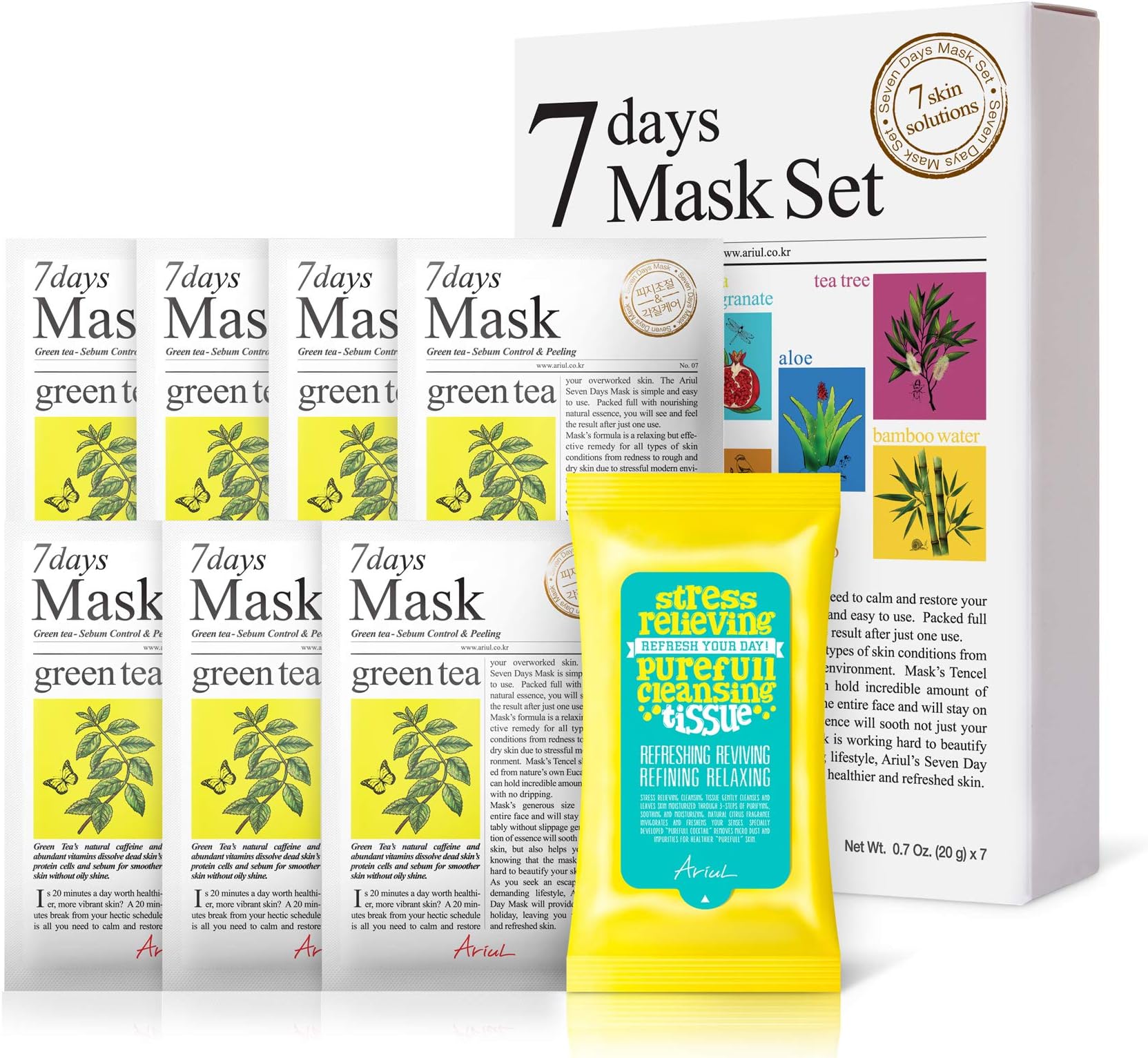 Ariul 7Days Sheet Masks –  Antioxidant & Reduce Inflammation Korean Sheet Mask with Natural Essence for Skincare Routine, 100% Botanical Fiber Mask (Green Tea)