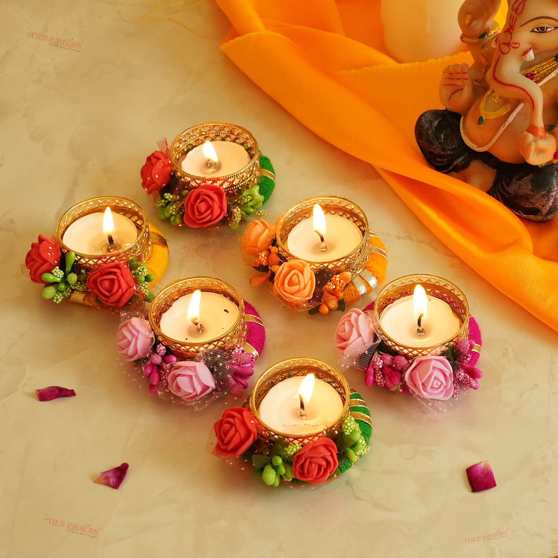 Photo 1 of ***(MINOR DAMAGE/ SEE NOTES)***TIED RIBBONS 6 pcs Handmade Tea Light Candle Holder for Centerpiece, Dining Table, Office | Tealight Candle Holder for Home | Indian Return Gifts for Diwali, Ganesh Chaturthi Decoration