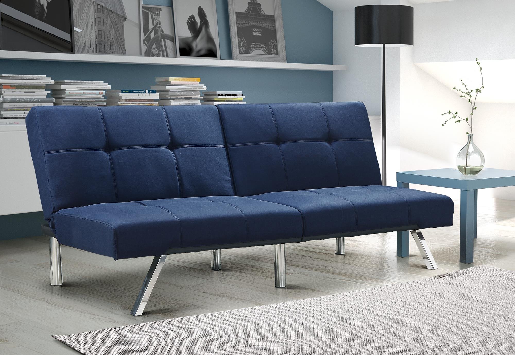 Novogratz Simon Futon Sofa Bed With Chrome Slanted Legs Mid Century Modern Design Rich Blue Linen Buy Online In South Africa Novogratz Products In South Africa See Prices Reviews And