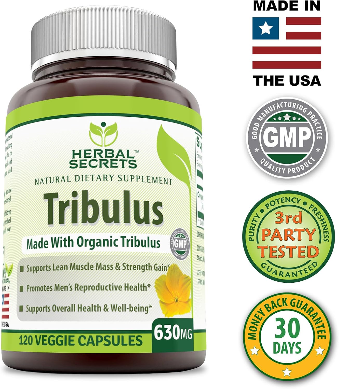 Herbal Secrets Tribulus 630 Mg 120 Veggie Capsules (Non-GMO) - Made with Organic Tribulus- Promotes Men's Reproductive Health, Supports Lean Muscle Mass & Strength Gain, Supports Overall Health*: Health & Personal Care