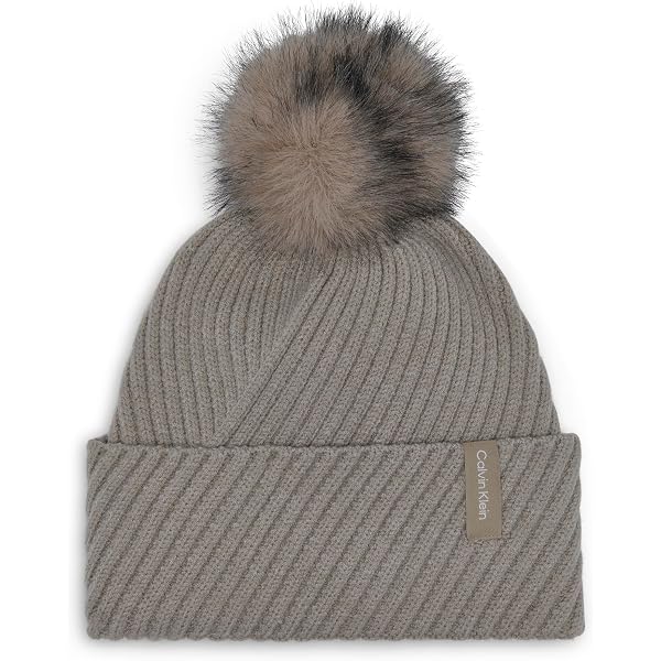 Calvin Klein Taupe Ribbed Beanie with Pom-Pom Calvin Klein Ribbed Pom Pom Beanie Hat Heather Grey Stocking  main image 3