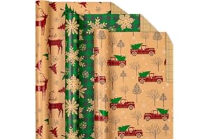 Yarcony Kraft Christmas Wrapping Paper- 17 x 120 Inch Per Roll(3 Rolls) - Vintage Christmas Plaid Wrapping Paper, Classic Red Truck, Deer & Snowflake Thick Gift Wrap Paper for Christmas, Holiday