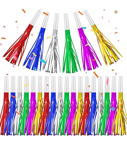 24 Pieces Metallic Noise Makers Party Blowouts Whistles Glitter Fringe...