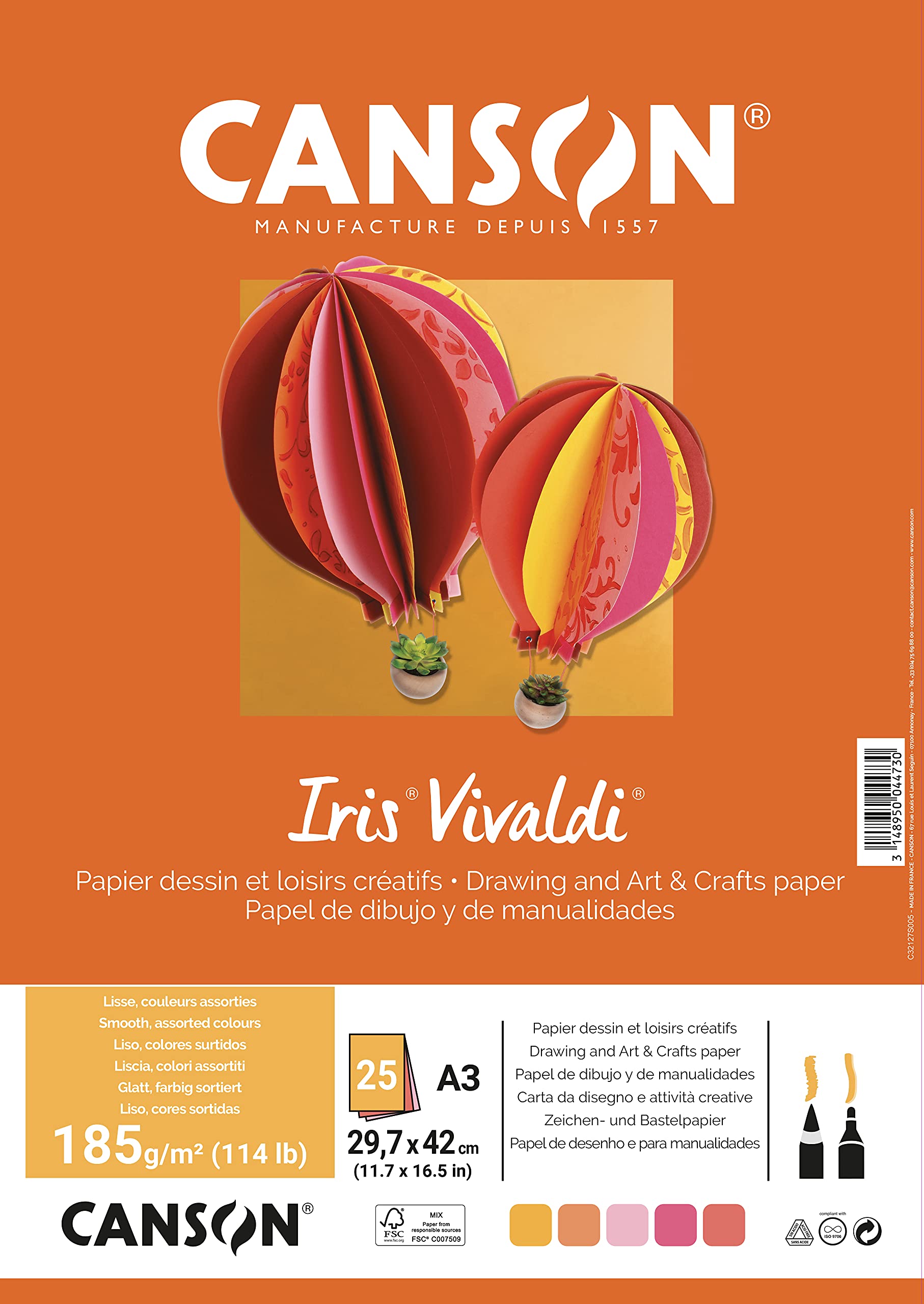 Canson Iris VivaldiA3 Pack of 25 Sheets 185 g/m² - Assorted Colours Yellow/Pink/Red