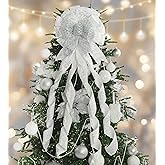 HUIHUANG Silver and White Christmas Tree Topper Bow 13 inch x 45 inch Large Glitter Christmas Bows Snowflake Velvet Bows for Christmas Tree Ornament, Wreaths, Staircase, Mantel, Home Decor