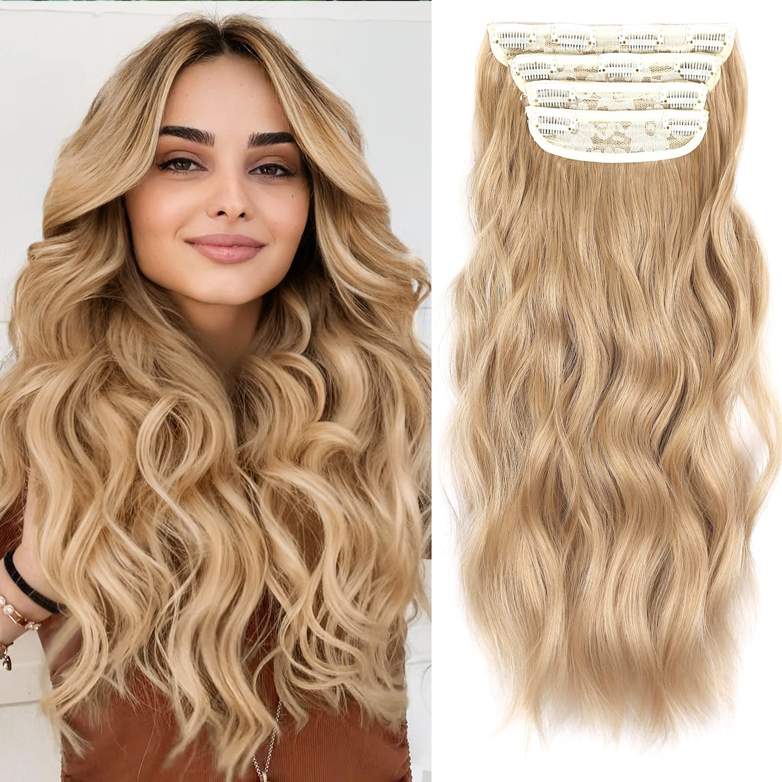 Blonde Clip in Hair Extension, 20 Inches Long Wavy Synthetic Hair Extensions Clip in for Women and Girls (T26/18#, 4Pcs) — image 1