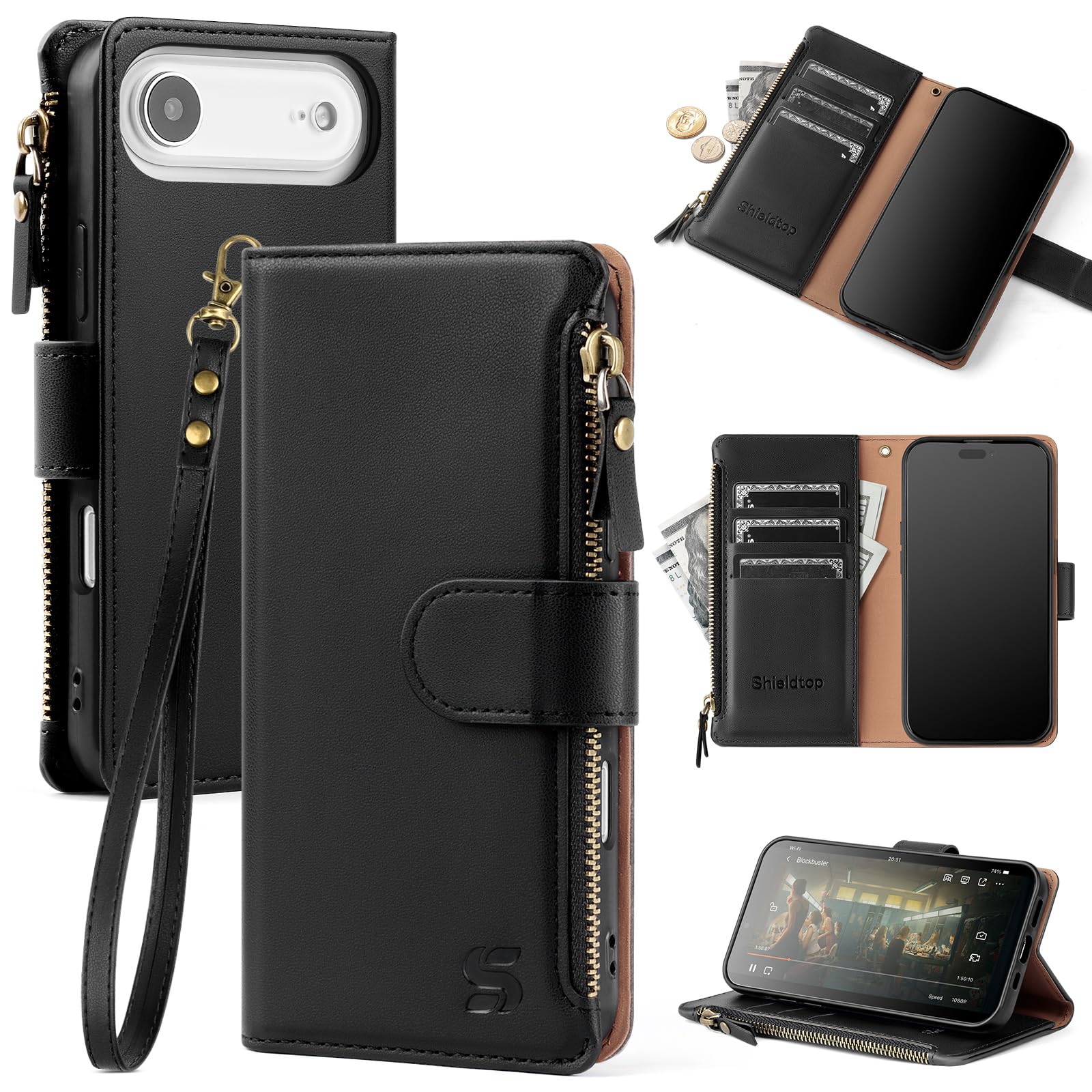 Shieldtop Compatible with iPhone Air Wallet Case with Card Holder,Women Men RFID Blocking PU Leather Flip Cover Wrist Strap Zipper Credit Card Slots,Phone Case for Apple Air 2025,Black