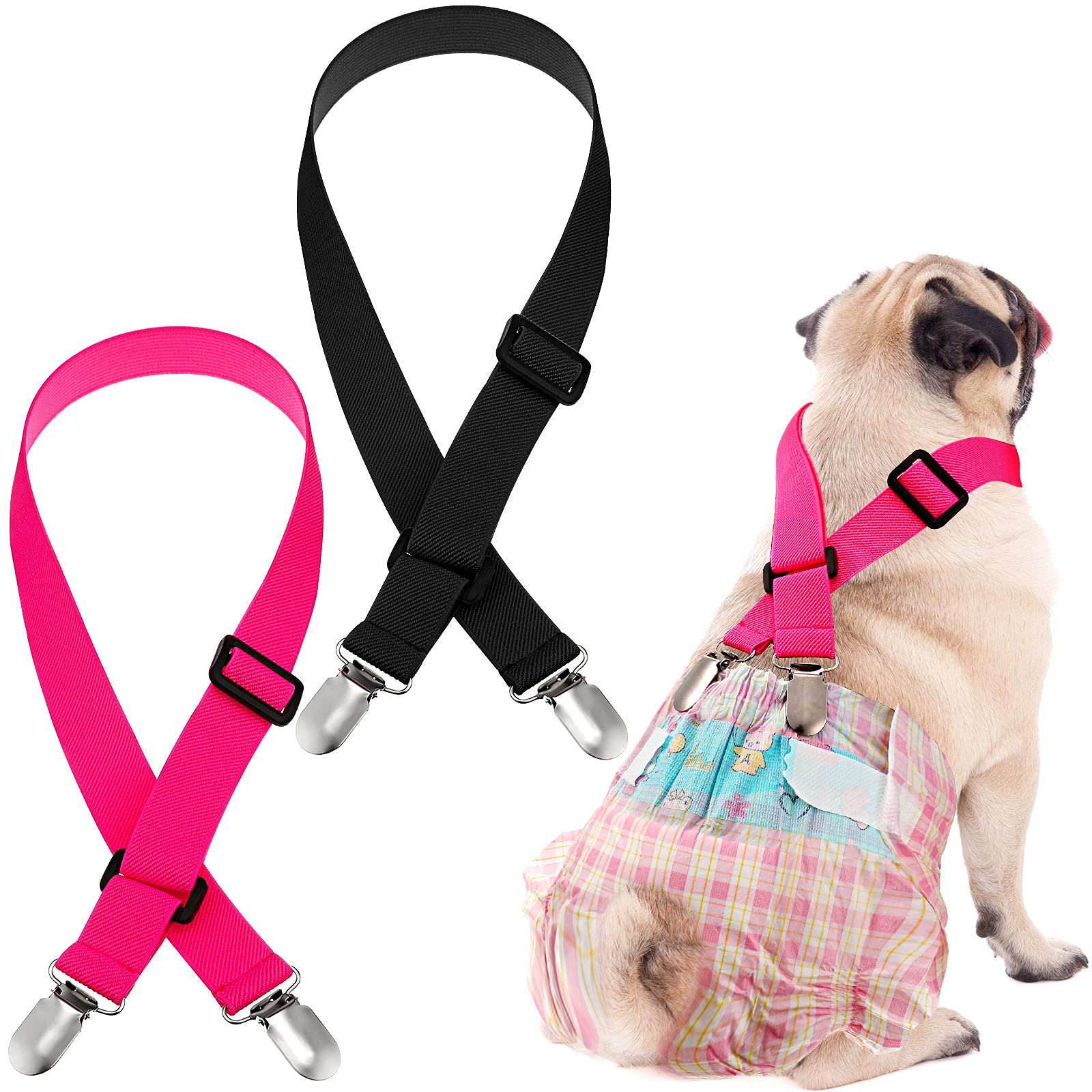 Nuanchu Dog Diapers Suspenders 2 Pieces Diaper Harness Doggie Female Male Puppy Belly Bands for Dress Pet Clothes Apparel Pants Skirt Keeper (S, Black, Pink)