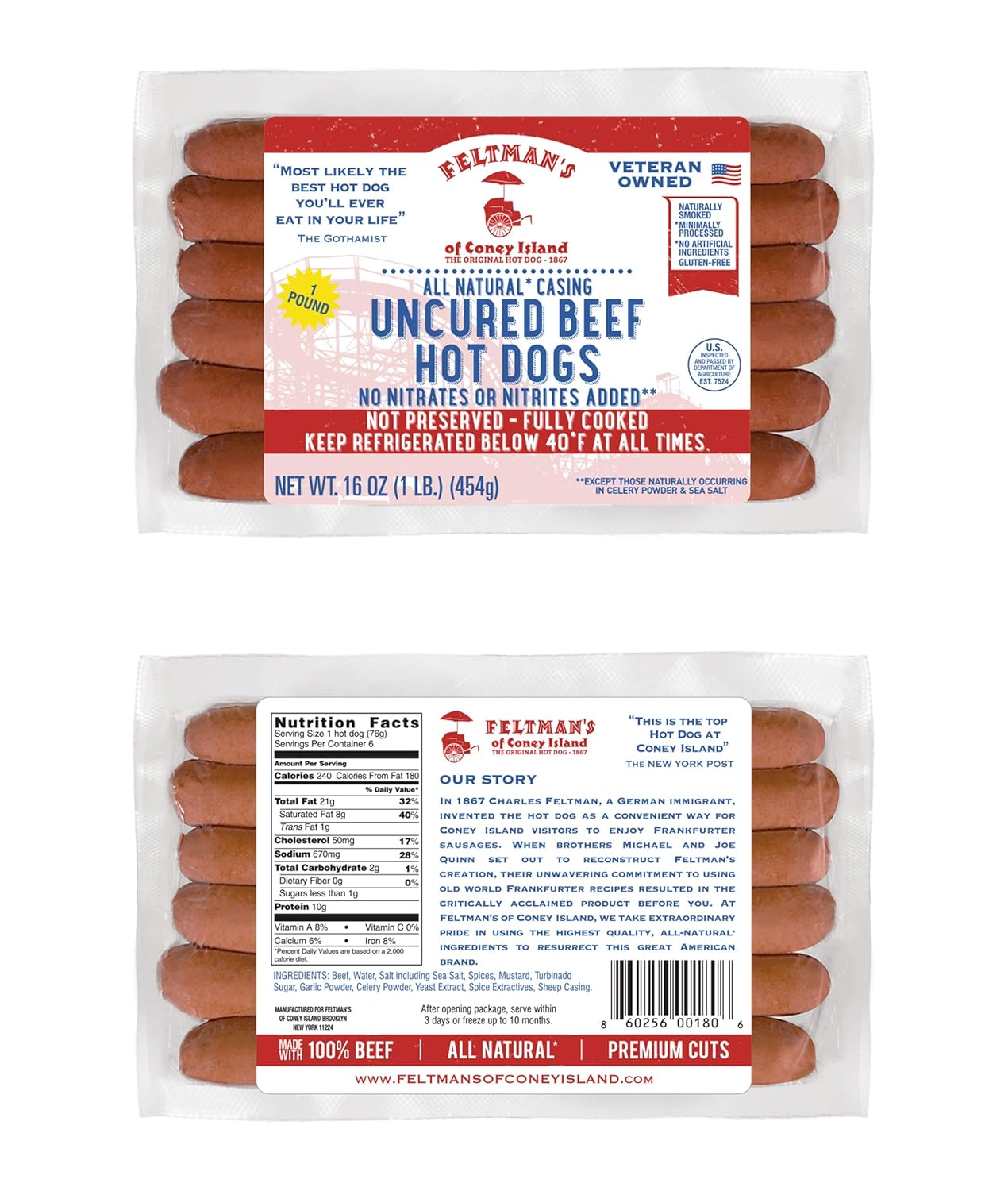 Feltman's Original Hot Dogs, 3 Pack (18 hot dogs)