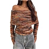 GORGLITTER Women's Striped Off The Shoulder Sweater Fuzzy Mohair Fall Fashion Fold Over Pullover Tops