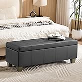 WUTUTUEE 51" Faux Leather Storage Ottoman, Stitch Tufted Rectangle Upholstered End of Bed Storage Bench, Entryway Large Couch Ottoman with Wooden Legs,Dark Grey