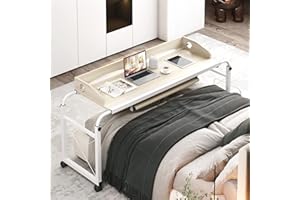 DlandHome 55 inches Mobile Overbed Table Laptop Cart Hospital Cross Bed Table Computer Table Nursing Table with Keyboard Tray and CPU Stand with Adjustable Height and Width, White Maple