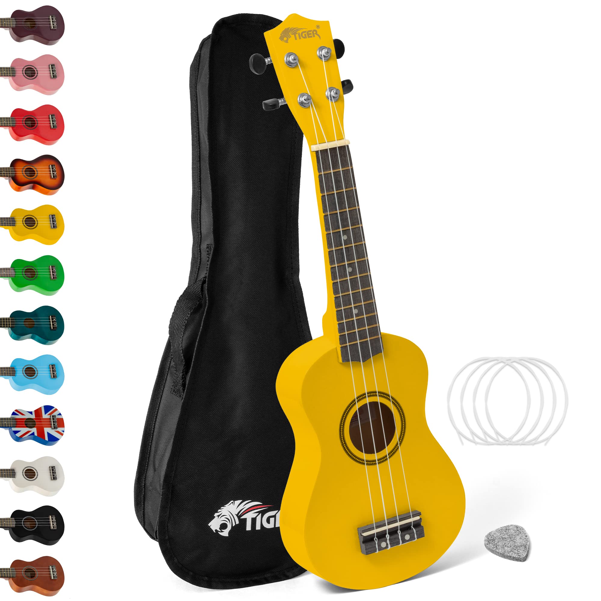 Tiger UKE7-YL Soprano Ukulele - Ideal for Beginners and Schools – Includes Gig Bag, Felt Pick, Spare Strings now with Aquila Strings – Yellow