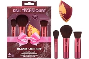 Real Techniques Blend + Jet Set Travel Makeup Brush & Sponge Set, 4 Piece Mini Holiday Gift Set for Foundation, Blush & Setting Powder, Compact & Travel Friendly, Cruelty-Free & Vegan