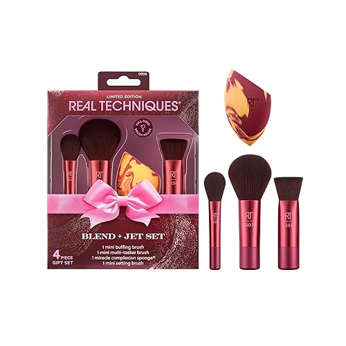 Real Techniques Blend + Jet Set 4-Piece Set, Mini Makeup Brush Kit with Miracle Complexion Sponge, Travel-Ready Tools for Cream, Liquid, Powder, Flawless Application, Vegan & Cruelty-Free