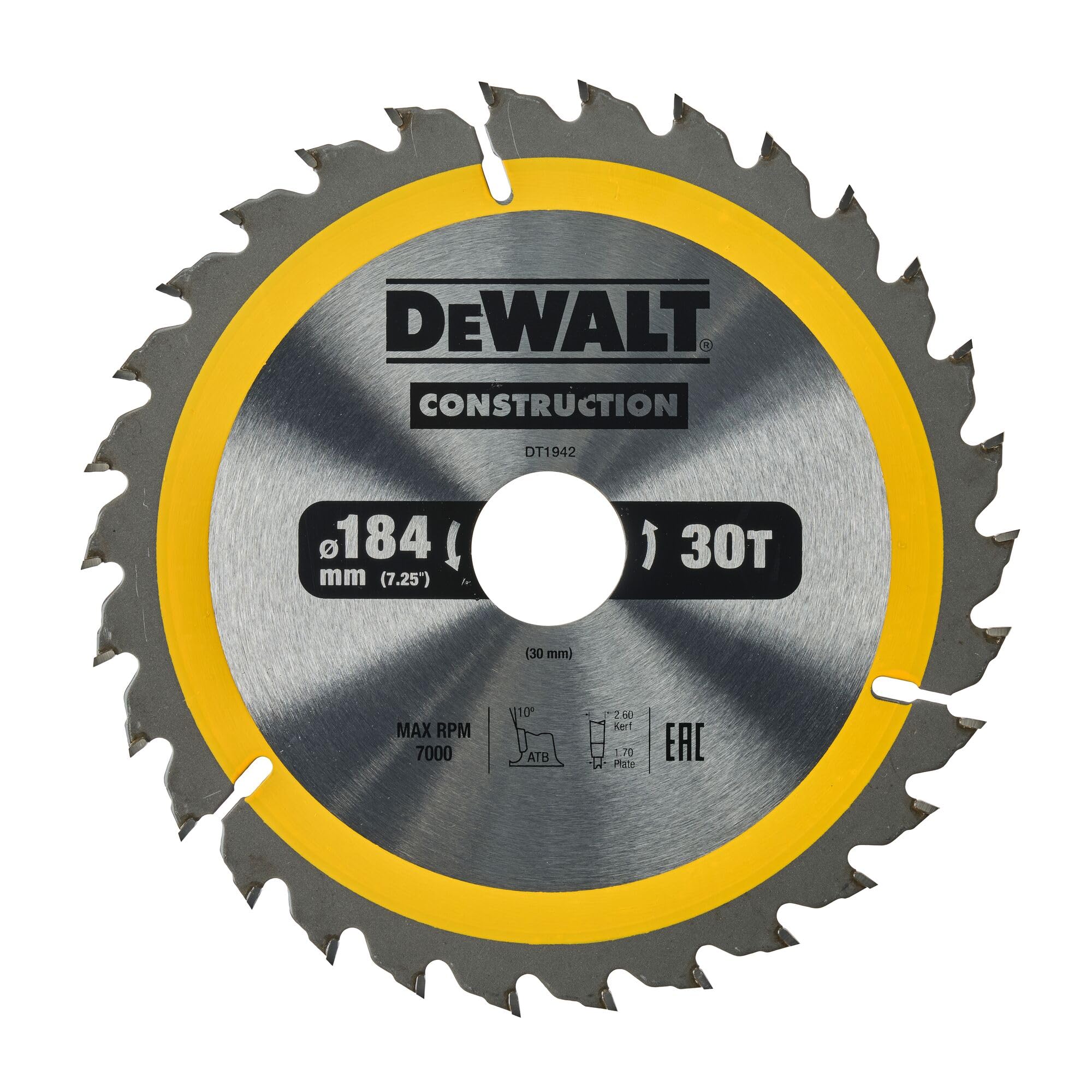 DEWALT DT1942-QZ Construction Circ Saw Blade, Yellow, 184 x 30 mm
