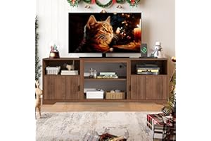 MXTXMY Fluted TV Stand for Tvs up to 80",Mid Century Modern TV Stand with Open Adjustable Shelf,Entertainment Center Wood TV Media Console with Cord Holes,TV Stand for Living Room Furniture Bedroom,Walnut