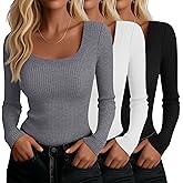 Ficerd 3 Pack Women Long Sleeve Ribbed Tops Scoop Neck T-Shirts Thermal Undershirts Casual Slim Fitted Basic Layer Tees