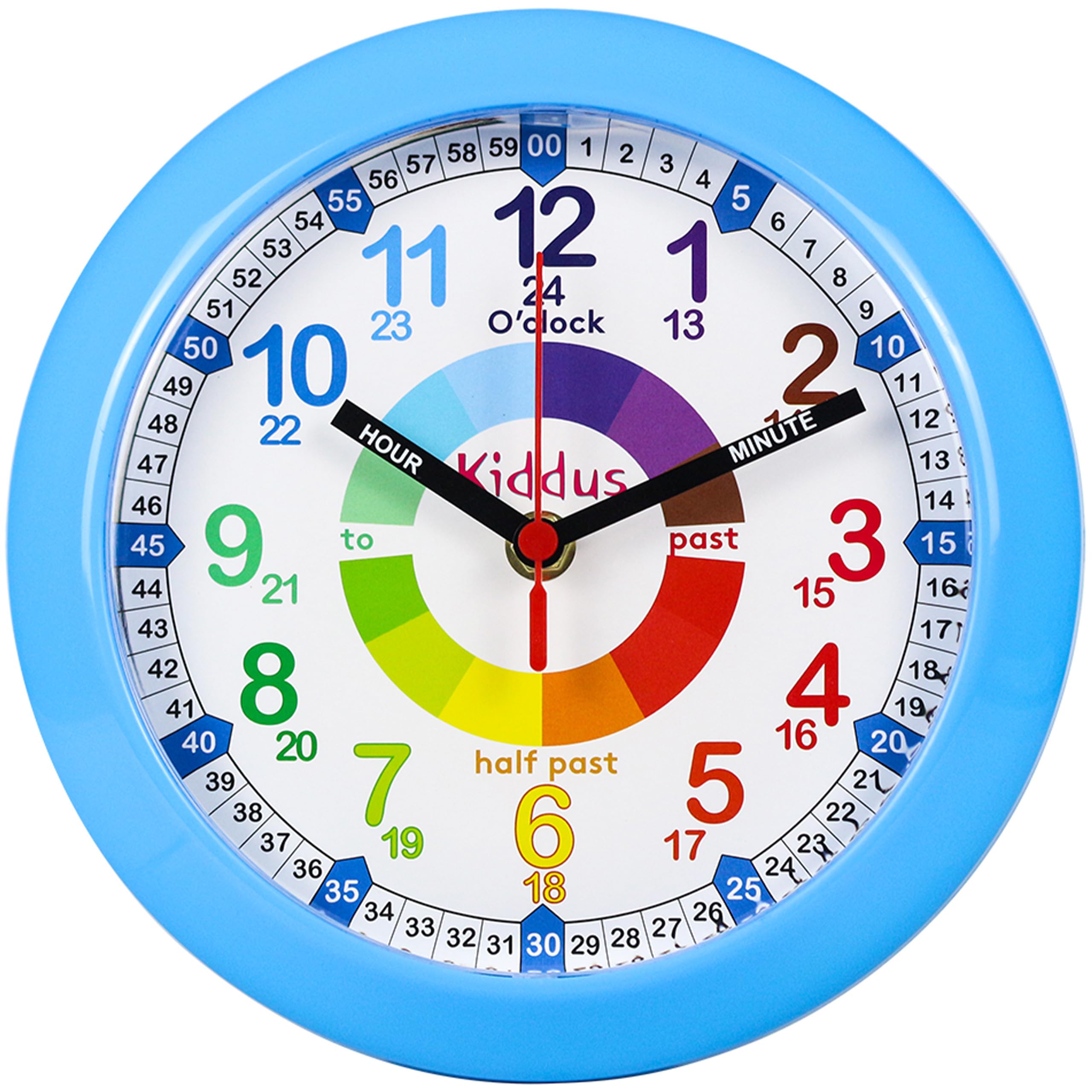 Kiddus Wall Clock for Boys and Girls. Silent Analogue Time Teacher with Exercises. Easy to Read and Learn the Time. Blue