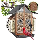 FlowaFoli Bird Feeders for Outdoors, Metal Bird Feeder with Double Suet Cage Weatherproof Metal Roof, 2 in 1 Mixed Seeds Suet Feeder, 4Lbs Large Capacity, Great for Finch、Cardinal、Chickadee（Brown）