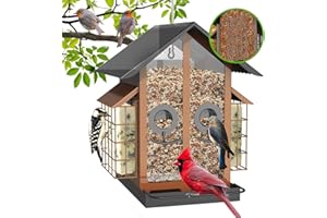FlowaFoli Bird Feeders for Outdoors, Metal Bird Feeder with Double Suet Cage Weatherproof Metal Roof, 2 in 1 Mixed Seeds Suet Feeder, 4Lbs Large Capacity, Great for Finch、Cardinal、Chickadee（Brown）