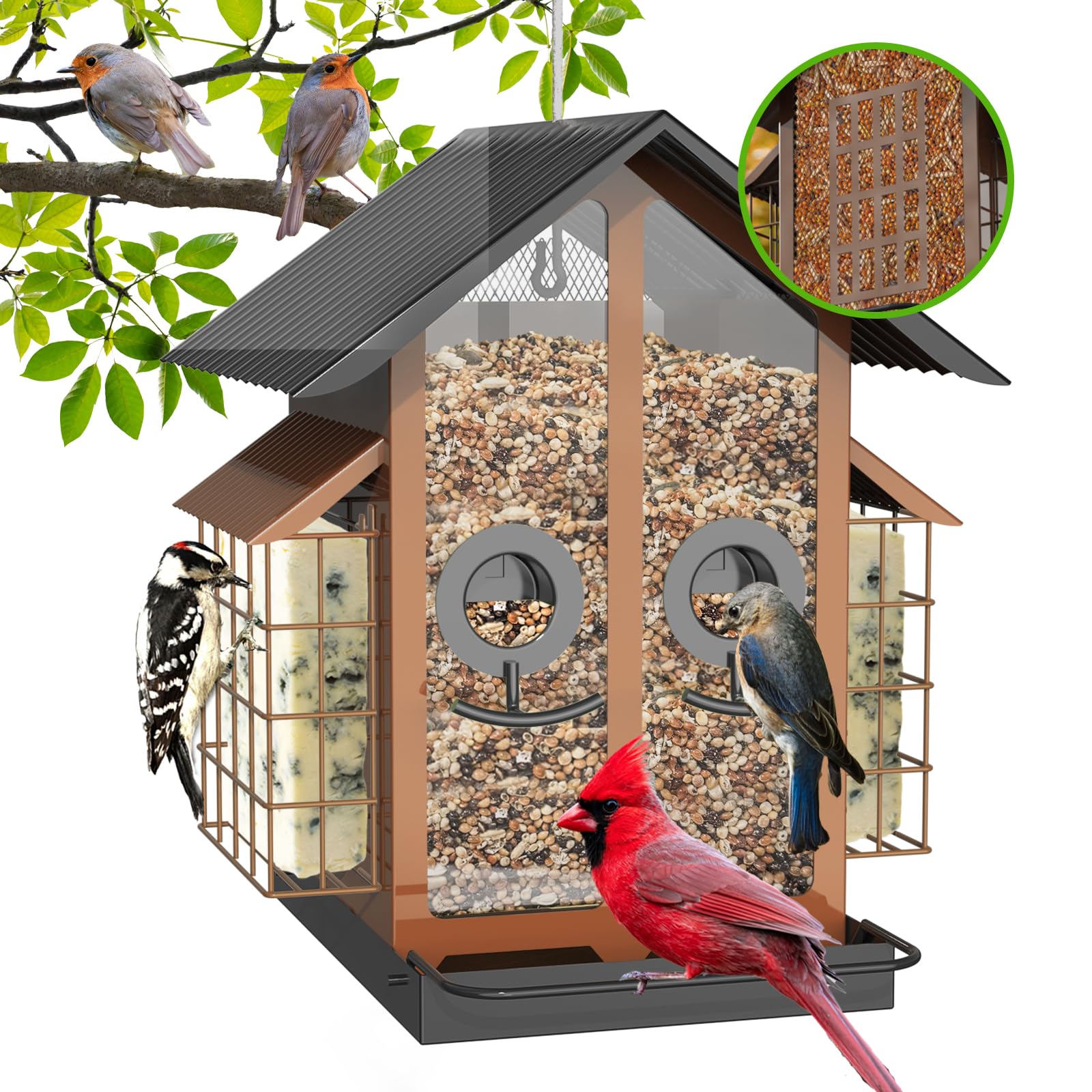Photo 1 of FlowaFoli Bird Feeders for Outdoors, Metal Bird Feeder with Double Suet Cage Weatherproof Metal Roof, 2 in 1 Mixed Seeds Suet Feeder, 4Lbs Large Capacity, Great for Finch?Cardinal?Chickadee?Brown?