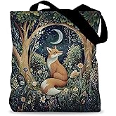 LADOCK Enchanted Forest Fox Tote Bag, Fantasy Moon Night Floral Canvas Tote Bags for Women, Gifts for fox Lovers, Cottagecore Flower Botanical Reusable Grocery Shopping Bags