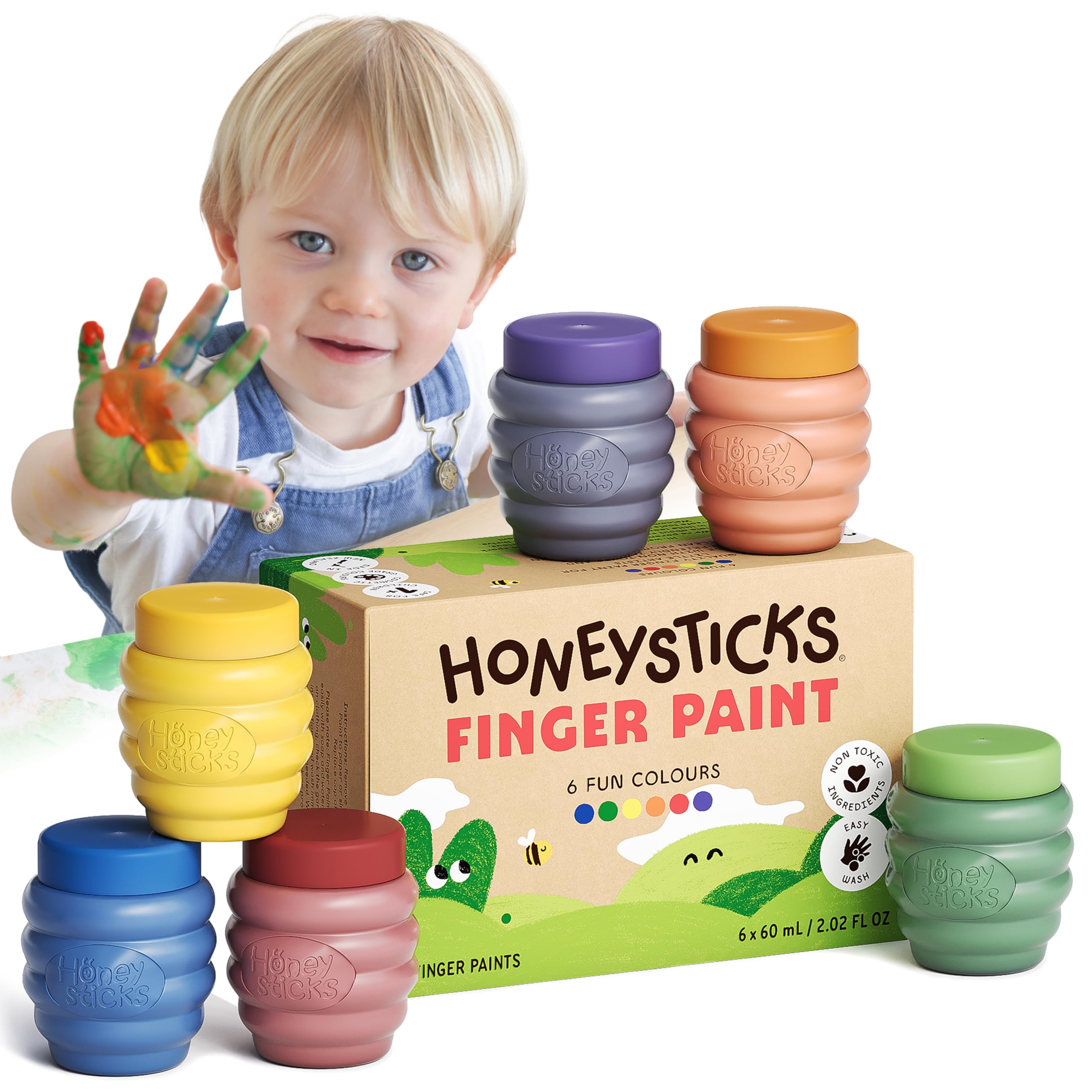 Honeysticks Non Toxic Finger Paint (6 Bright Colours), Washable from Skin, Safe Finger Painting for Toddlers, Kids Ages 1-3, 2-4, 3-5, Perfect First Paint for Little Artists Age 1+, Water Based
