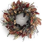 Huashen Fall Wreath for Front Door 24 inch Artificial Red Broad Leaves | Autumn Golden Foliage and Burgundy Berries Farmhouse Harvest Wreath for Indoor/Outdoor/Thanksgiving/Halloween/Home
